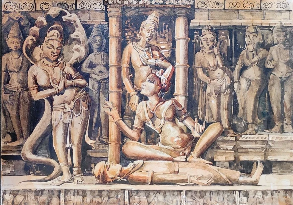 Manasa Mangal In Khajuraho Motiv (ART-7901-123722) - Handpainted Art Painting - 16in X 12in