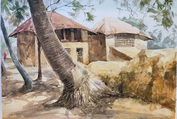Village Life Series (ART-7901-123719) - Handpainted Art Painting - 16in X 12in