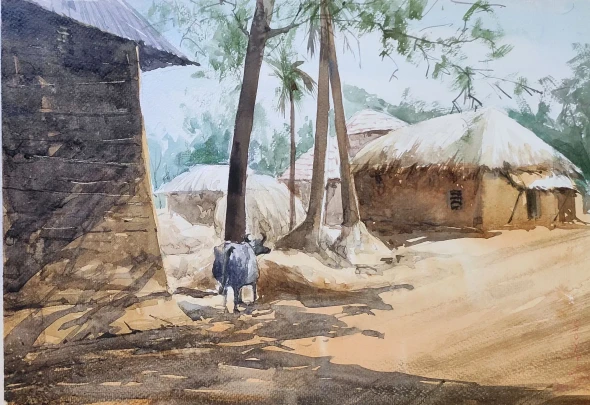 Village Life Series (ART-7901-123718) - Handpainted Art Painting - 16in X 12in