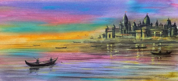 Banaras Ghat (ART-3512-123711) - Handpainted Art Painting - 26in X 12in