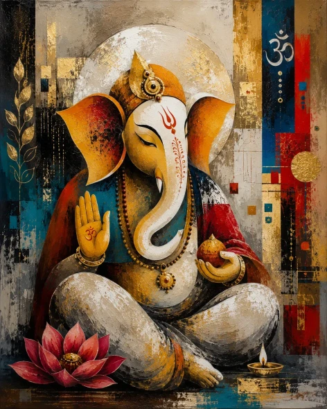 Abstract Lord Ganesha/Divine Harmony Art (ART-3319-123702) - Handpainted Art Painting - 30in X 36in