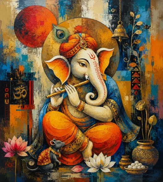 MUSICAL LORD GANESHA| Ganesha With Mushak (ART-3319-123704) - Handpainted Art Painting - 24in X 24in