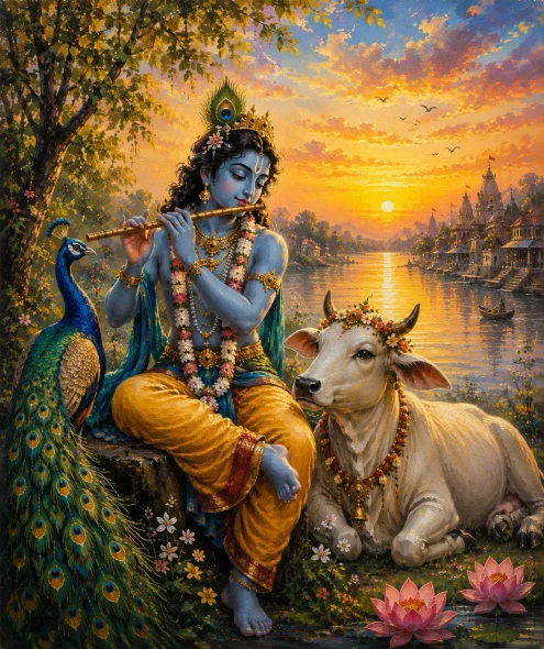 Lord Krishna Acrylic Painting, Krishna Playing Flute With Peacock & Sacred Cow, Vrindavan Ghat (ART-3319-123701) - Handpainted Art Painting - 30in X 36in