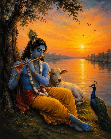 Lord Krishna Playing Flute Acrylic Canvas Painting, Divine Krishna With Cow & Peacock Sunset (ART-3319-123700) - Handpainted Art Painting - 30in X 40in