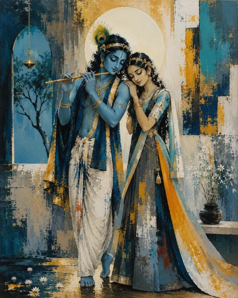 Radha Krishna Flute Harmony - Handmade Abstract Acrylic Painting (ART-3319-123699) - Handpainted Art Painting - 36in X 48in