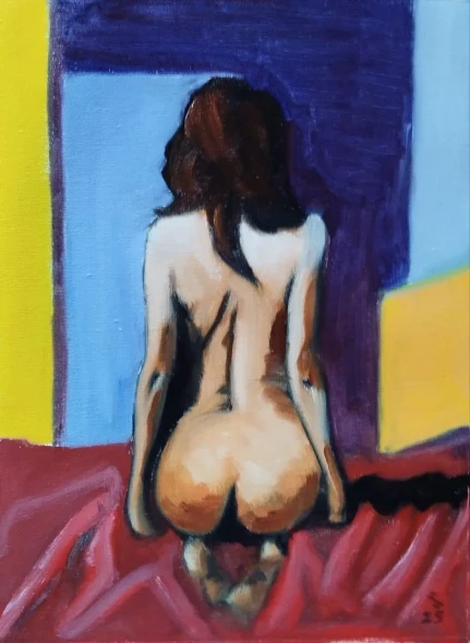 Nude On Red Drapery (ART-18736-123695) - Handpainted Art Painting - 11in X 14in