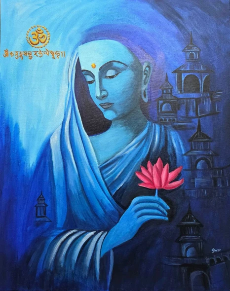 Buddha Painting With Kuber Mantra (ART-8800-123751) - Handpainted Art Painting - 24in X 30in