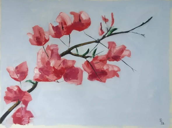 Pink Bougainvillea (ART-18736-123707) - Handpainted Art Painting - 15in X 11in