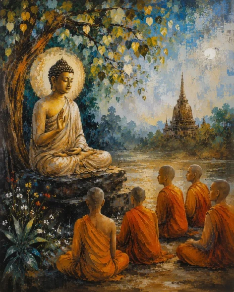 The First Sermon – Lord Buddha Teaching Monks Under Bodhi Tree Acrylic Painting (ART-3319-123813) - Handpainted Art Painting - 36in X 48in