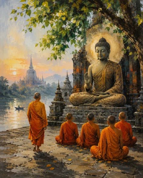 The First Sermon – Lord Buddha Teaching Monks Under Bodhi Tree Acrylic Painting (ART-3319-123812) - Handpainted Art Painting - 36in X 48in