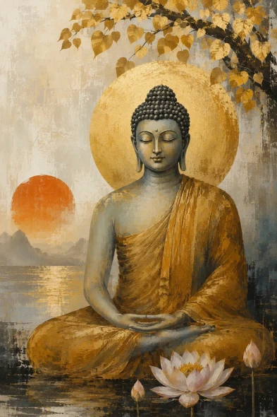 Radiant Enlightenment – Meditating Lord Buddha With Golden Sun & Lotus Artwork (ART-3319-123811) - Handpainted Art Painting - 36in X 48in