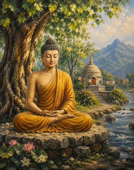 Meditative Serenity: Tranquil Buddha Under The Bodhi Tree – Handmade Textured Acrylic Painting (ART-3319-123810) - Handpainted Art Painting - 36in X 48in