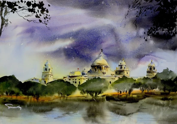 Reflections Of Kolkata - Victoria Memorial (ART-5774-123757) - Handpainted Art Painting - 20in X 14in