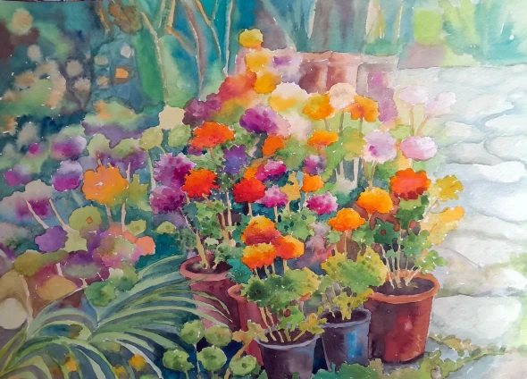 Flowers Near A Garden Path (ART-18775-123877) - Handpainted Art Painting - 15in X 11in