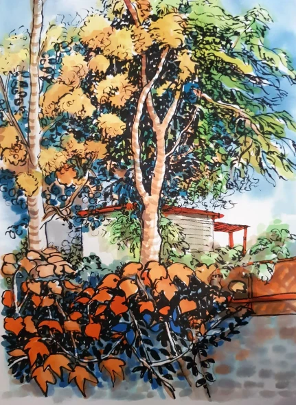 Tree In Courtyard (ART-18775-123876) - Handpainted Art Painting - 10in X 14in