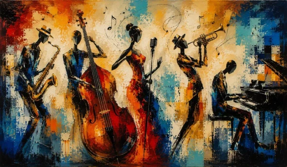 Abstract Jazz Band Acrylic Painting – Textured Cubist Music Wall Art For Living Room (ART-3319-123837) - Handpainted Art Painting - 48in X 24in