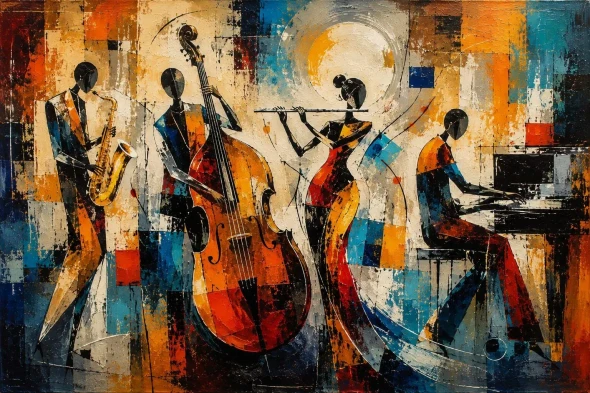 Abstract Jazz Band Acrylic Painting – Textured Cubist Music Wall Art For Living Room (ART-3319-123827) - Handpainted Art Painting - 40in X 30in
