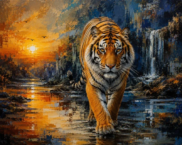 Sunset Prowl: Royal Bengal Tiger Landscape Painting (ART-3319-123843) - Handpainted Art Painting - 40in X 30in