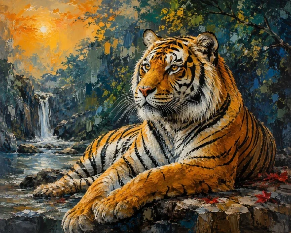 Sunset Sanctuary: Royal Bengal Tiger By The Waterfall (ART-3319-123845) - Handpainted Art Painting - 36in X 24in