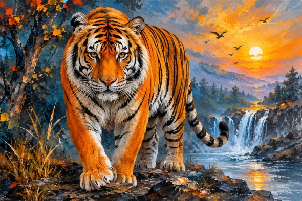 Sunset Stride: Royal Bengal Tiger Landscape Painting (ART-3319-123846) - Handpainted Art Painting - 36in X 24in