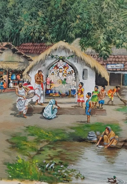 Rural Durga Puja Of Bengal (ART-8302-123920) - Handpainted Art Painting - 24in X 20in