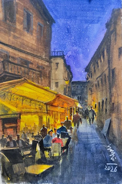 Night View In City (ART-7901-124006) - Handpainted Art Painting - 8in X 11in