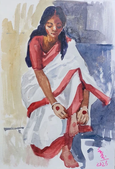 Bengali Woman (ART-7901-124001) - Handpainted Art Painting - 8in X 11in