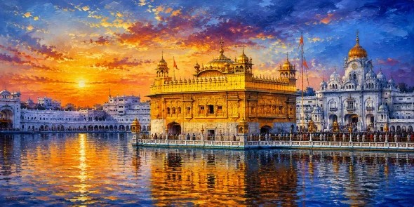 “Golden Serenity – The Golden Temple At Sunset | Handmade Acrylic Painting” (ART-3319-123995) - Handpainted Art Painting - 72in X 30in
