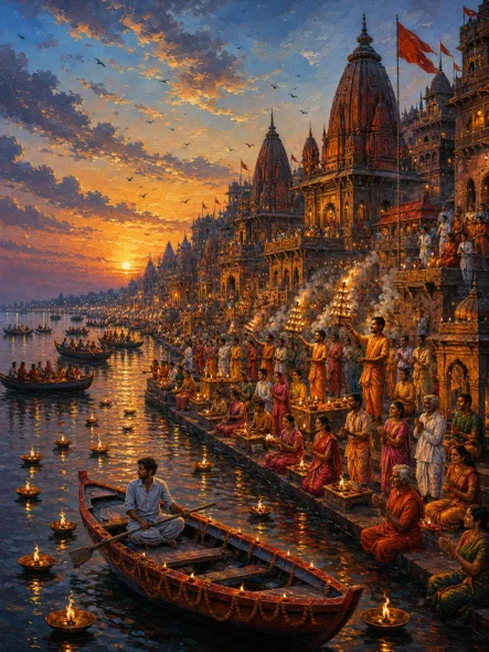 Varanasi Ghat Painting- Ganga Aarti At The Varanasi During Sunset (ART-3319-123994) - Handpainted Art Painting - 36in X 48in