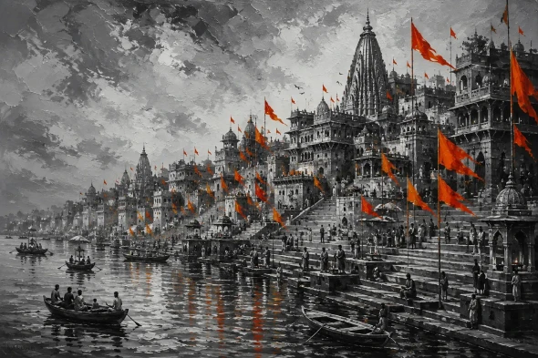 Varanasi Ghat Painting (ART-3319-123993) - Handpainted Art Painting - 48in X 36in