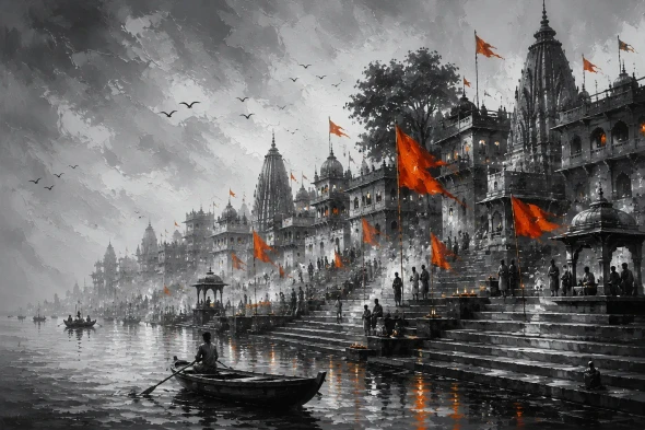 Banaras Ghat Painting (ART-3319-123992) - Handpainted Art Painting - 48in X 36in