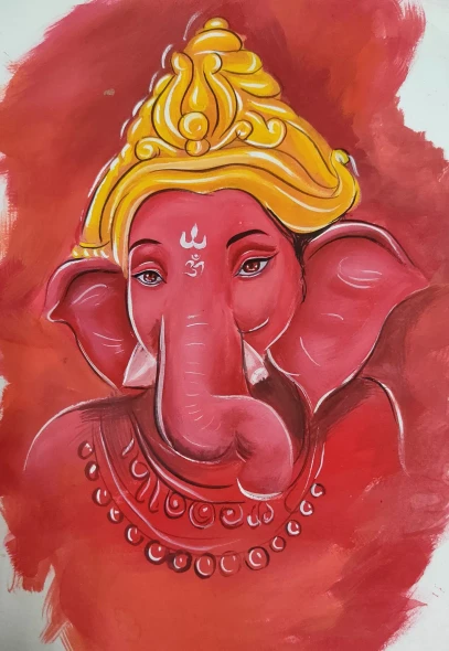 Divine Grace Of Ganesha (ART-18765-123990) - Handpainted Art Painting - 12in X 15in