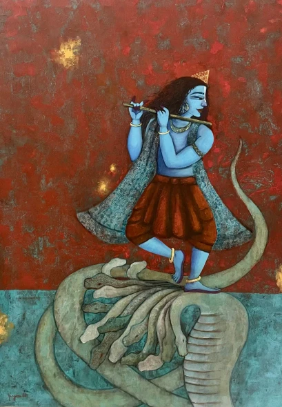 Krishna’s Dance (ART-5220-123983) - Handpainted Art Painting - 34in X 50in