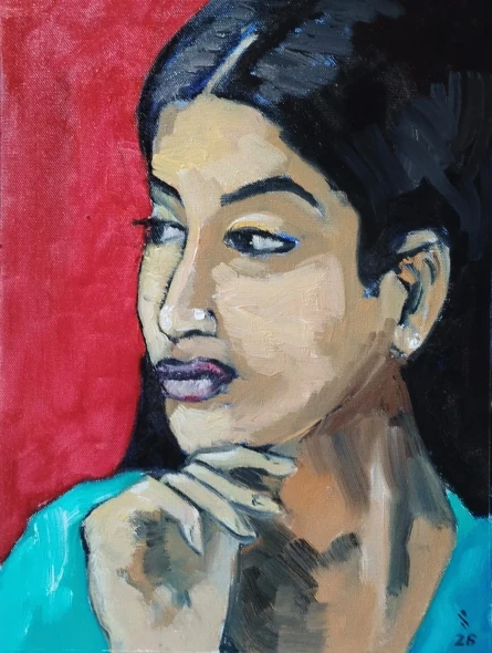 Portrait Of Woman In Pensive Mood 01 (ART-18736-123952) - Handpainted Art Painting - 11in X 15in