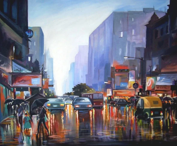 Rainy Day Reflections (ART-1232-123939) - Handpainted Art Painting - 36in X 30in