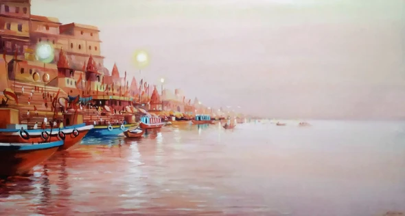 Early Morning Varanasi Ghats (ART-1232-123938) - Handpainted Art Painting - 45in X 24in