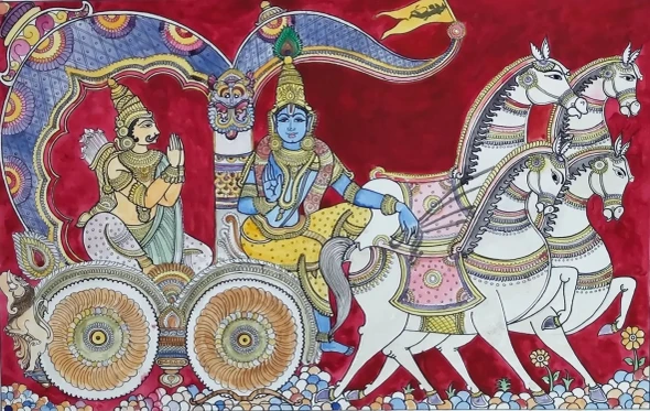 Gitopadesha – Krishna & Arjuna On The Chariot | Kalamkari Painting (ART-18801-123924) - Handpainted Art Painting - 23in X 16in
