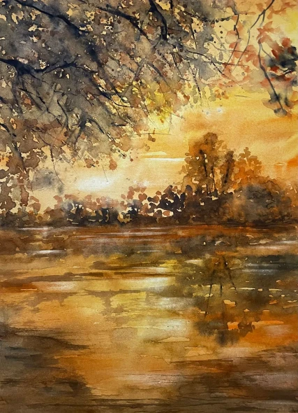 Serene  Lakeside Sunset (PRT-8841-123942) - Canvas Art Print - 17in X 24in
