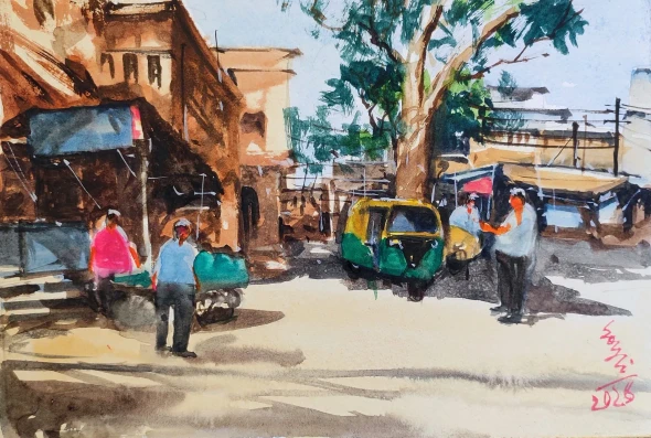 City Market (ART-7901-124030) - Handpainted Art Painting - 11in X 8in