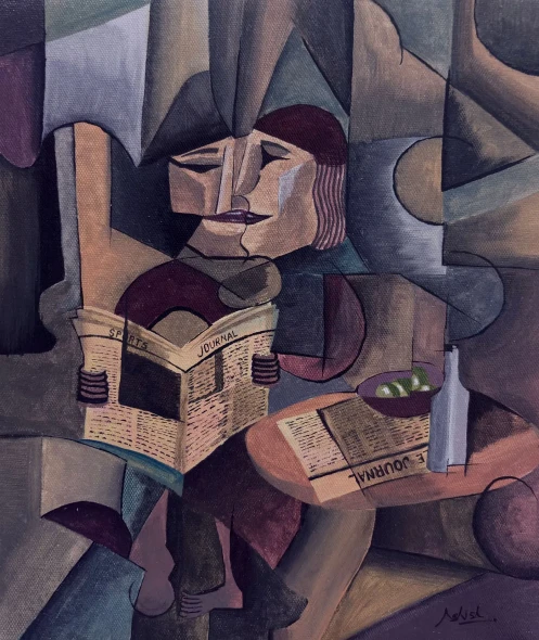 The Reader Behind The Fragments (ART-18648-124046) - Handpainted Art Painting - 10in X 12in