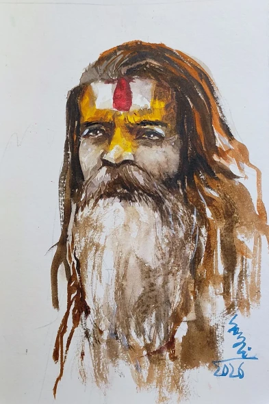 Sadhu (ART-7901-124035) - Handpainted Art Painting - 8in X 11in