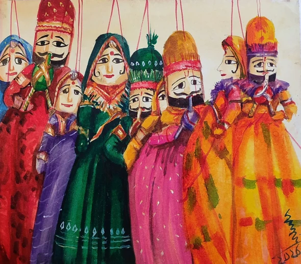 Kathputli Series (ART-7901-124132) - Handpainted Art Painting - 14in X 12in