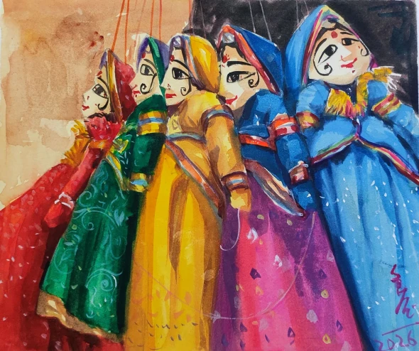 Kathputli Series (ART-7901-124133) - Handpainted Art Painting - 11in X 10in