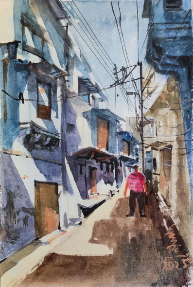 Town (ART-7901-124623) - Handpainted Art Painting - 8in X 11in