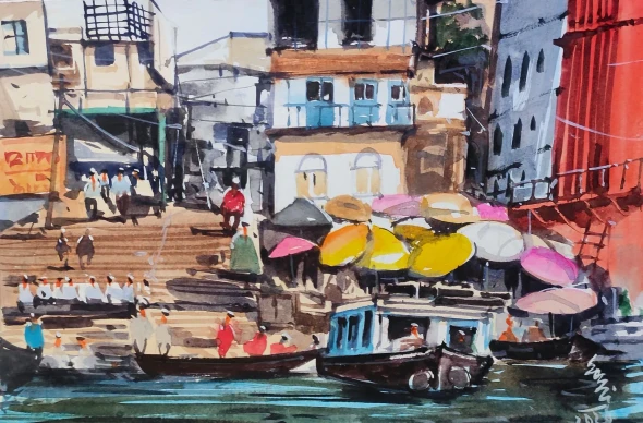 Benaras Ghat (ART-7901-124622) - Handpainted Art Painting - 11in X 8in