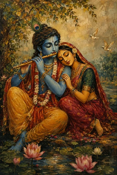 The Divine Radha Krishna (ART-3319-124336) - Handpainted Art Painting - 24in X 36in