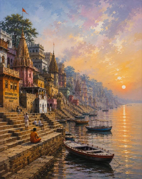 Varanasi Ghat Painting (ART-3319-124320) - Handpainted Art Painting - 24in X 36in