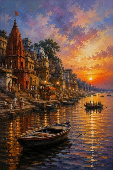 Banaras Ghat Painting (ART-3319-124316) - Handpainted Art Painting - 24in X 36in