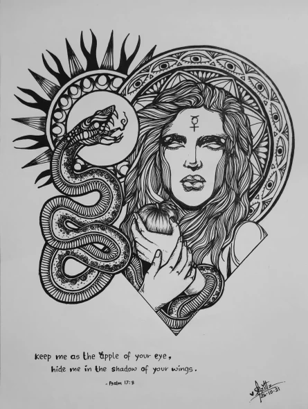 Eve And The Serpent - Original Ink Artwork (ART-18819-124146) - Handpainted Art Painting - 8in X 11in