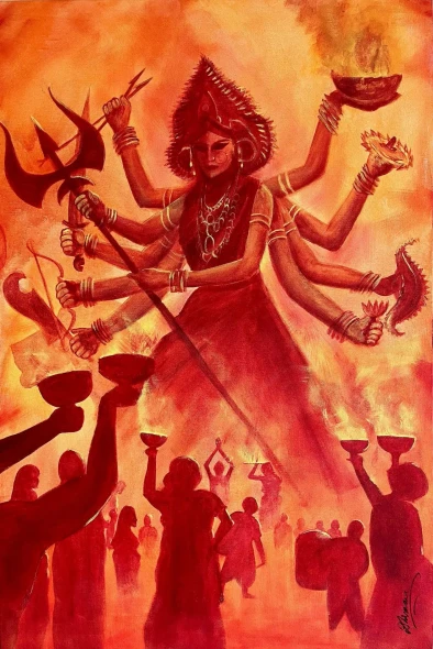 Durga Aarti (ART-9050-124142) - Handpainted Art Painting - 24in X 36in